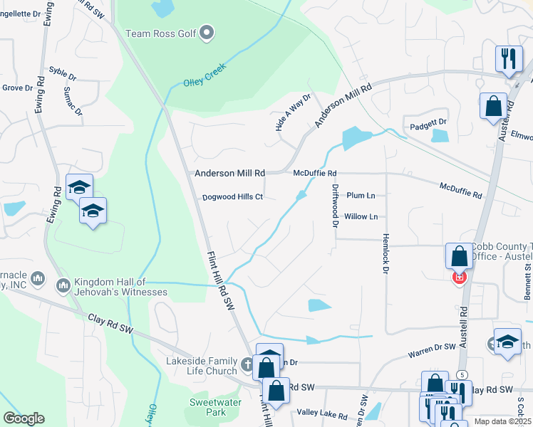 map of restaurants, bars, coffee shops, grocery stores, and more near 2380 Wales Drive in Austell