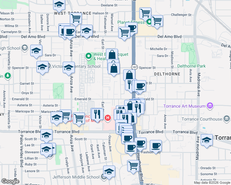 map of restaurants, bars, coffee shops, grocery stores, and more near 20706 Mansel Avenue in Torrance