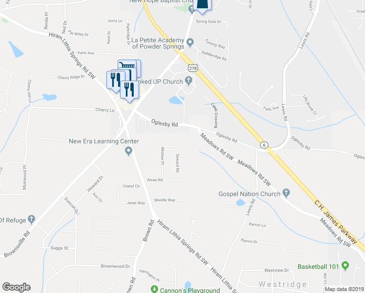 map of restaurants, bars, coffee shops, grocery stores, and more near 4605 Seward Road in Powder Springs