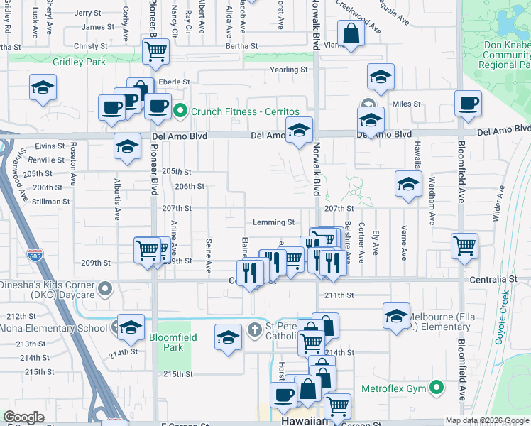 map of restaurants, bars, coffee shops, grocery stores, and more near 12022 Lemming Street in Lakewood