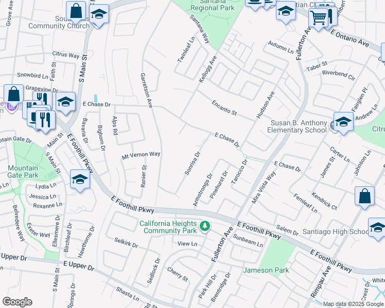 map of restaurants, bars, coffee shops, grocery stores, and more near 3024 Sonrisa Drive in Corona