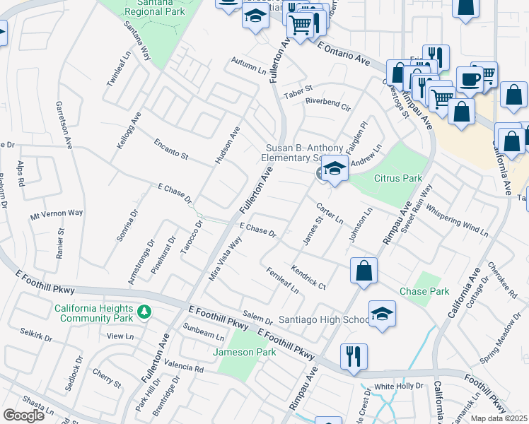 map of restaurants, bars, coffee shops, grocery stores, and more near 1035 Summerplace Court in Corona