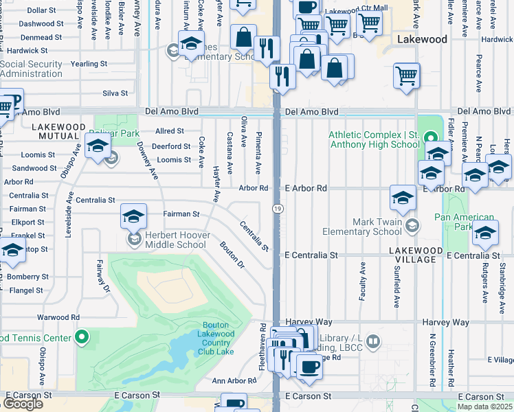 map of restaurants, bars, coffee shops, grocery stores, and more near 4032 Elsa Street in Lakewood