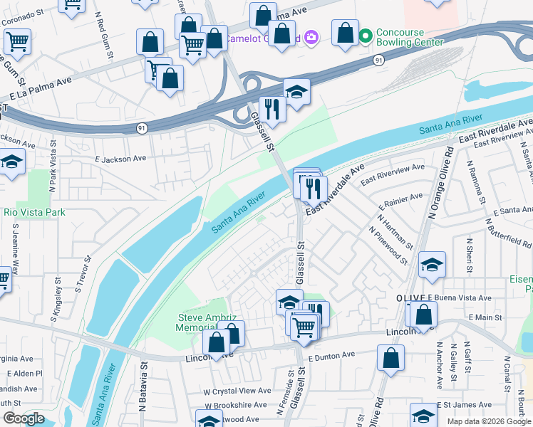 map of restaurants, bars, coffee shops, grocery stores, and more near 212 West Weeping Willow Avenue in Orange