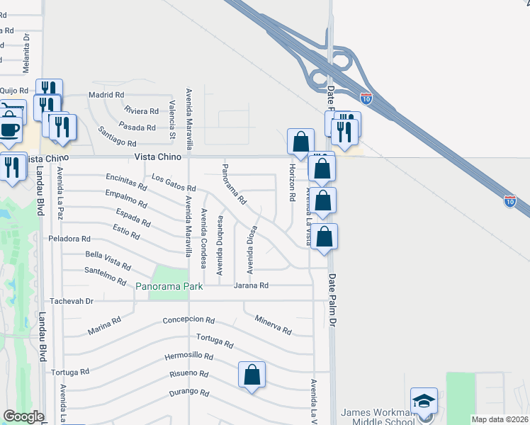 map of restaurants, bars, coffee shops, grocery stores, and more near 68710 Los Gatos Road in Cathedral City