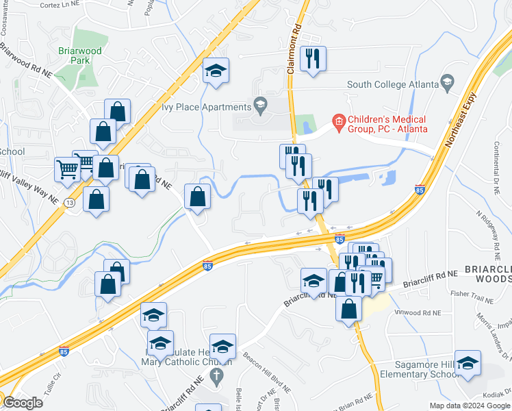 map of restaurants, bars, coffee shops, grocery stores, and more near 2924 Clairmont Road in Atlanta
