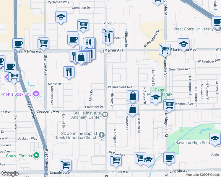 map of restaurants, bars, coffee shops, grocery stores, and more near 8319 Hickory Drive in Buena Park