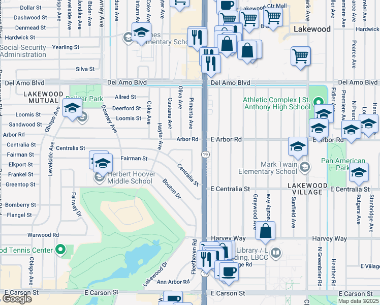 map of restaurants, bars, coffee shops, grocery stores, and more near 4607 Lakewood Boulevard in Lakewood