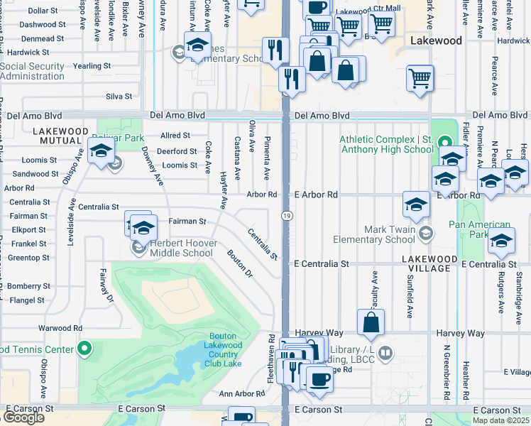map of restaurants, bars, coffee shops, grocery stores, and more near 4032 Elsa Street in Lakewood