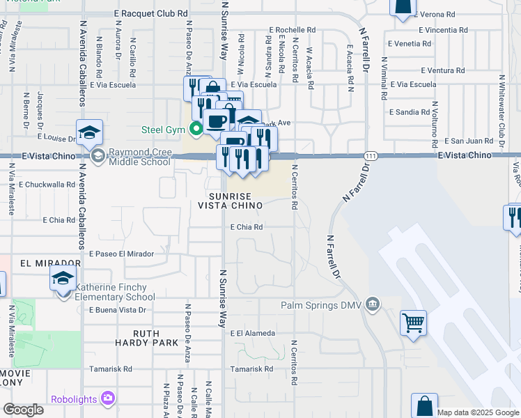 map of restaurants, bars, coffee shops, grocery stores, and more near 1988 East Sandalwood Drive in Palm Springs