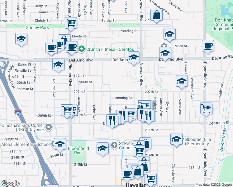map of restaurants, bars, coffee shops, grocery stores, and more near 12022 207th Street in Lakewood