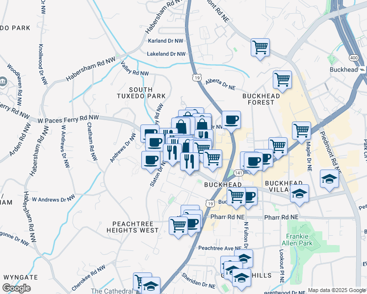 map of restaurants, bars, coffee shops, grocery stores, and more near 107 West Paces Ferry Road Northwest in Atlanta