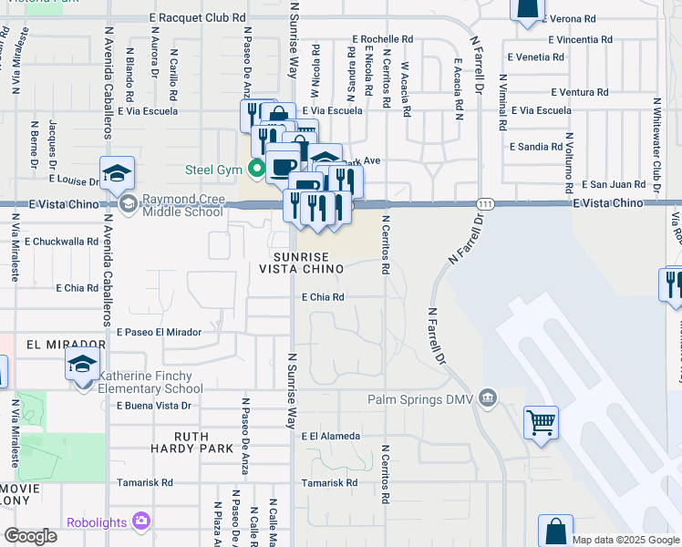 map of restaurants, bars, coffee shops, grocery stores, and more near 2006 East Sandalwood Drive in Palm Springs