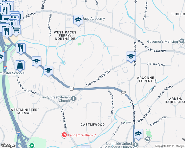 map of restaurants, bars, coffee shops, grocery stores, and more near 785 Moores Mill Road Northwest in Atlanta
