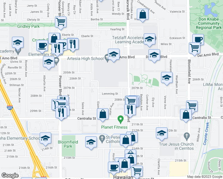 map of restaurants, bars, coffee shops, grocery stores, and more near 12054 207th Street in Lakewood