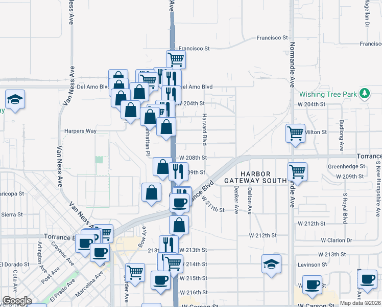 map of restaurants, bars, coffee shops, grocery stores, and more near 1636 West 208th Street in Torrance