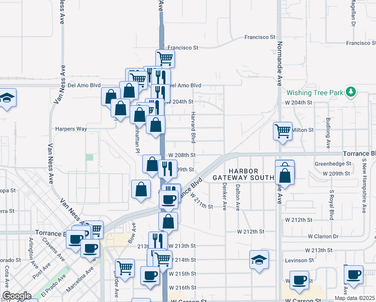 map of restaurants, bars, coffee shops, grocery stores, and more near West Drive in Torrance