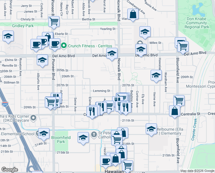 map of restaurants, bars, coffee shops, grocery stores, and more near 12112 207th Street in Lakewood