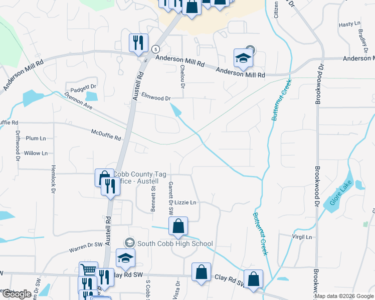 map of restaurants, bars, coffee shops, grocery stores, and more near 4822 Clove Drive Southwest in Mableton