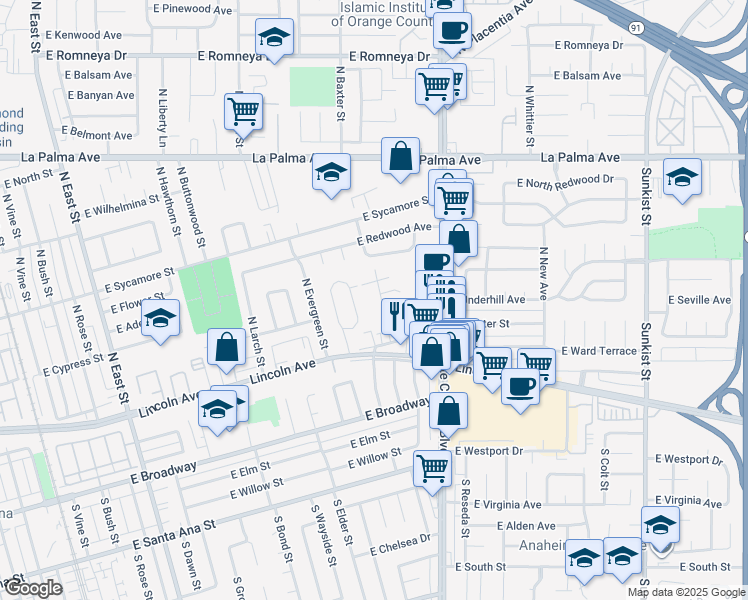 map of restaurants, bars, coffee shops, grocery stores, and more near 217 North Coffman Street in Anaheim