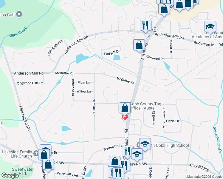 map of restaurants, bars, coffee shops, grocery stores, and more near 4648 Danna Drive in Austell