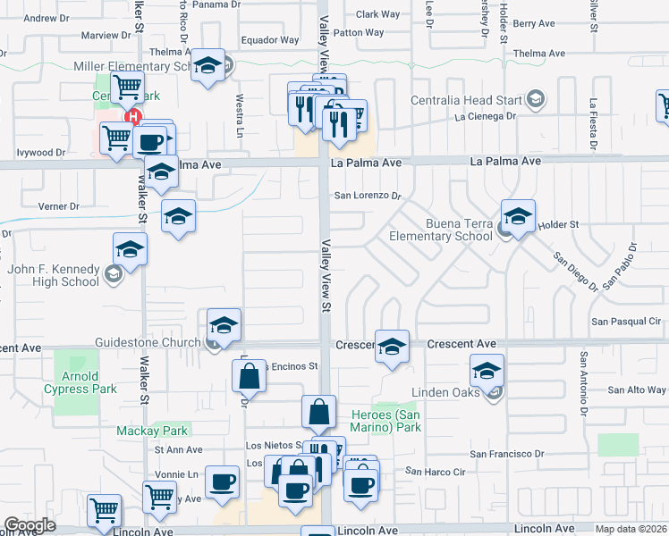 map of restaurants, bars, coffee shops, grocery stores, and more near 8250 Valley View Street in Buena Park