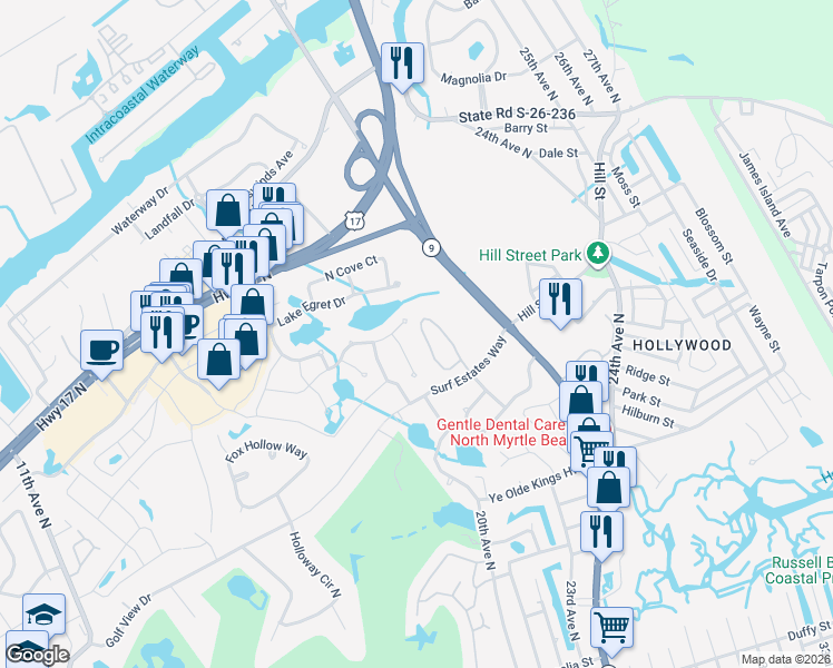 map of restaurants, bars, coffee shops, grocery stores, and more near 1606 Cottage Cove Circle in North Myrtle Beach