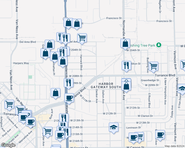 map of restaurants, bars, coffee shops, grocery stores, and more near 1519 West 208th Street in Torrance