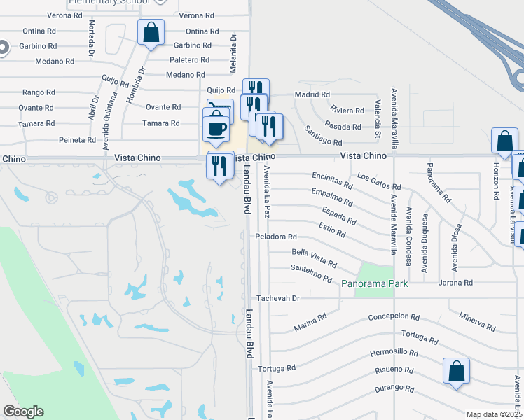 map of restaurants, bars, coffee shops, grocery stores, and more near 28421 Avenida La Paz in Cathedral City