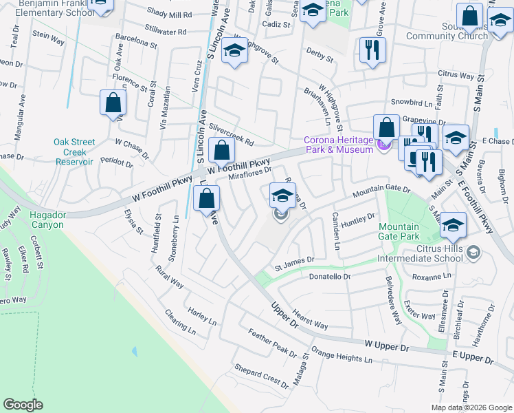 map of restaurants, bars, coffee shops, grocery stores, and more near 1019 Regina Way in Corona