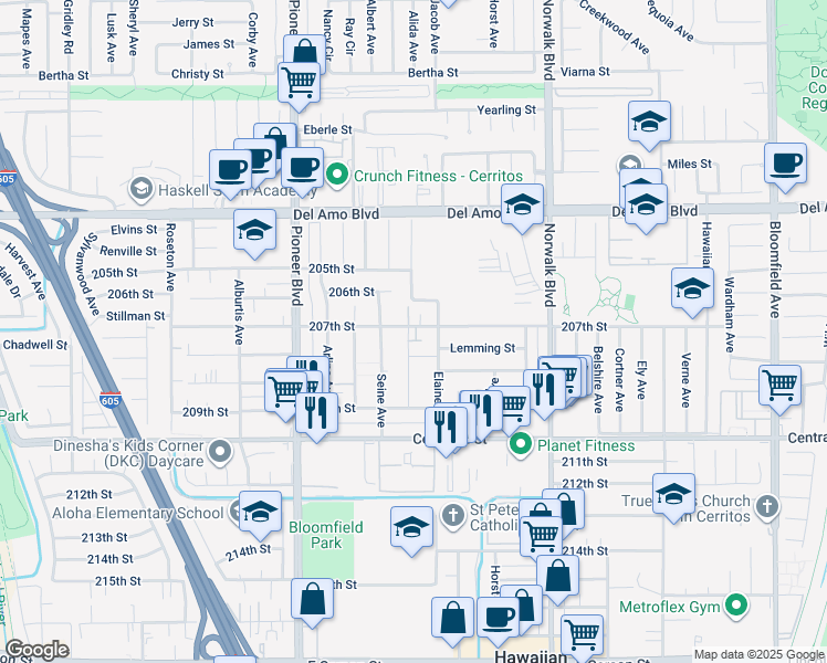 map of restaurants, bars, coffee shops, grocery stores, and more near 20733 Elaine Avenue in Lakewood