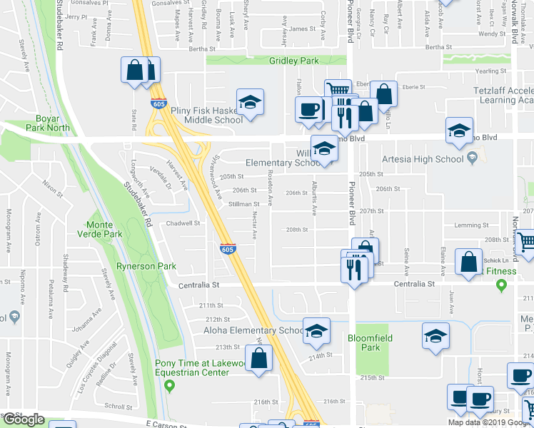 map of restaurants, bars, coffee shops, grocery stores, and more near 20728 Nectar Avenue in Lakewood