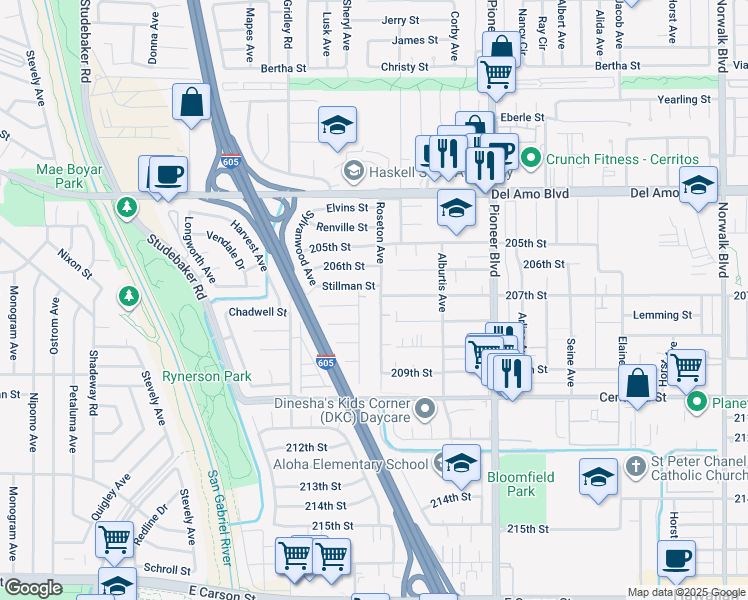 map of restaurants, bars, coffee shops, grocery stores, and more near 20728 Nectar Avenue in Lakewood