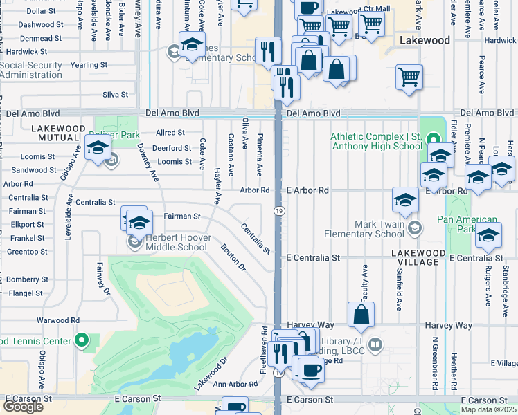 map of restaurants, bars, coffee shops, grocery stores, and more near 4607 Lakewood Boulevard in Lakewood