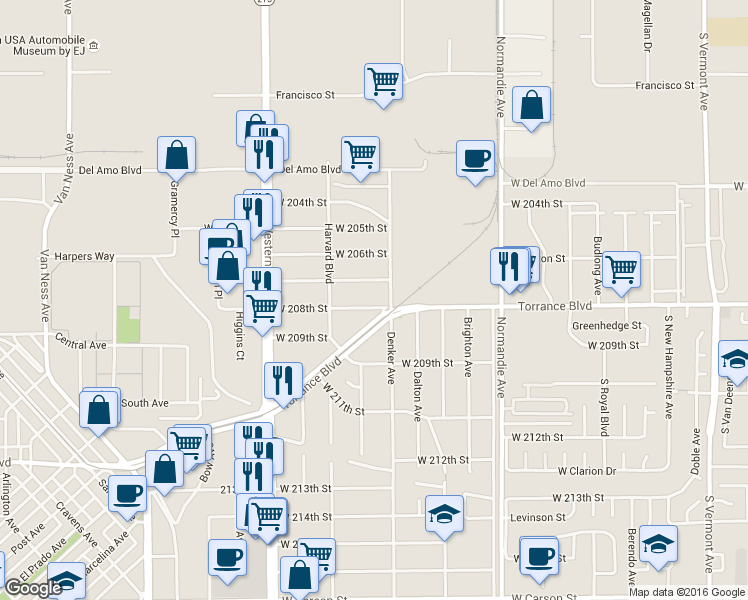 map of restaurants, bars, coffee shops, grocery stores, and more near 1523 Torrance Boulevard in Torrance
