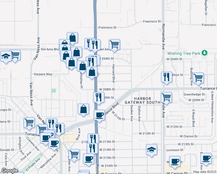map of restaurants, bars, coffee shops, grocery stores, and more near 1636 West 208th Street in Torrance