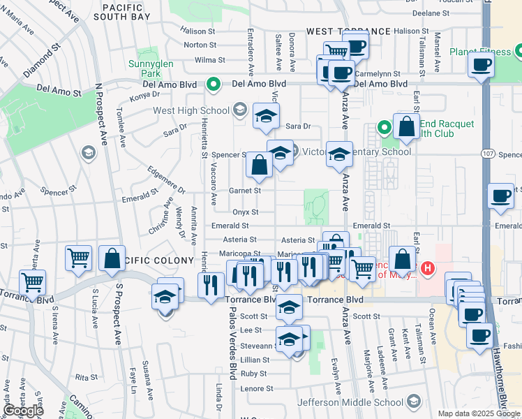 map of restaurants, bars, coffee shops, grocery stores, and more near 5105 Emerald Street in Torrance