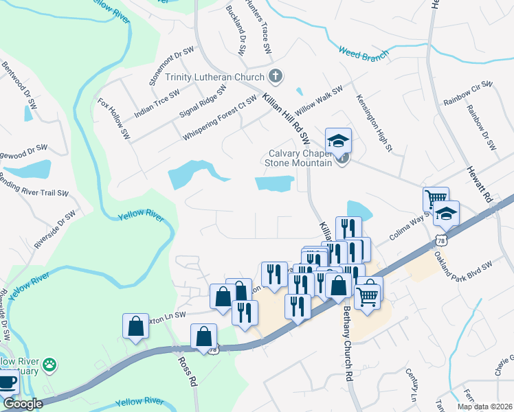 map of restaurants, bars, coffee shops, grocery stores, and more near 2046 Khyber Pass Southwest in Snellville