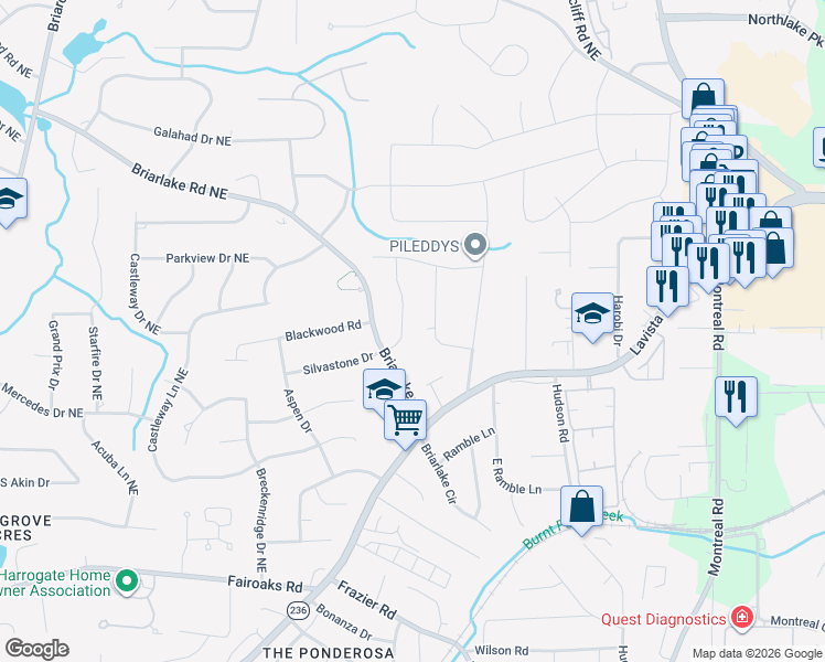 map of restaurants, bars, coffee shops, grocery stores, and more near 1987 Silvastone Drive in Atlanta