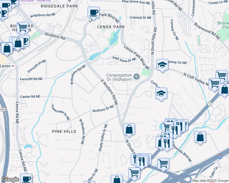 map of restaurants, bars, coffee shops, grocery stores, and more near 2119 Wrights Mill Circle Northeast in Atlanta