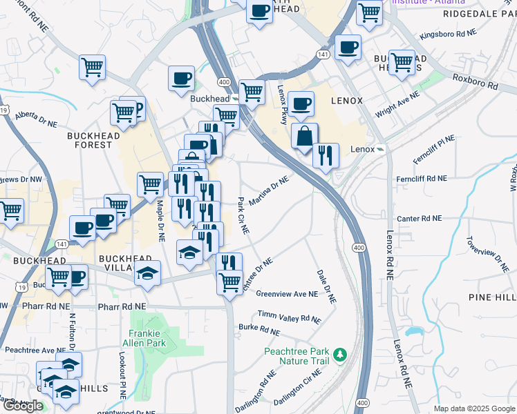map of restaurants, bars, coffee shops, grocery stores, and more near 705 Martina Drive Northeast in Atlanta