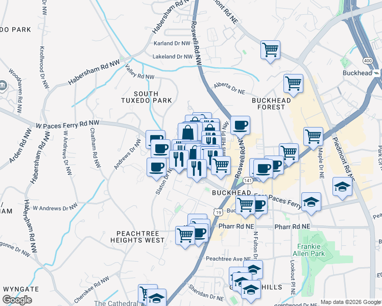 map of restaurants, bars, coffee shops, grocery stores, and more near 107 West Paces Ferry Road Northwest in Atlanta
