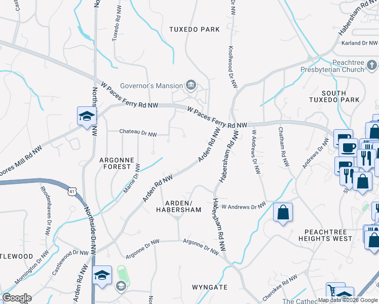 map of restaurants, bars, coffee shops, grocery stores, and more near 3180 Arden Road Northwest in Atlanta