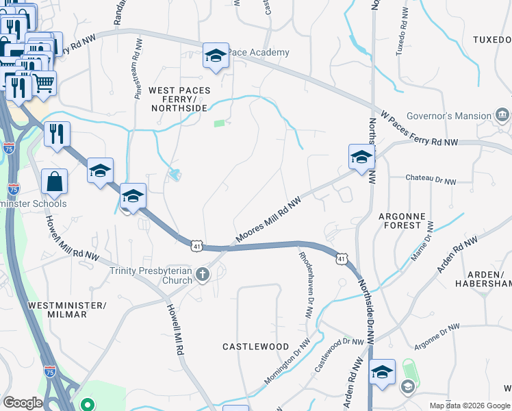 map of restaurants, bars, coffee shops, grocery stores, and more near 785 Moores Mill Road Northwest in Atlanta