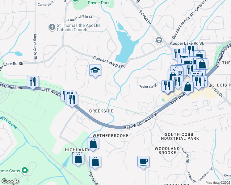 map of restaurants, bars, coffee shops, grocery stores, and more near 5055 Laurel Springs Way Southeast in Smyrna