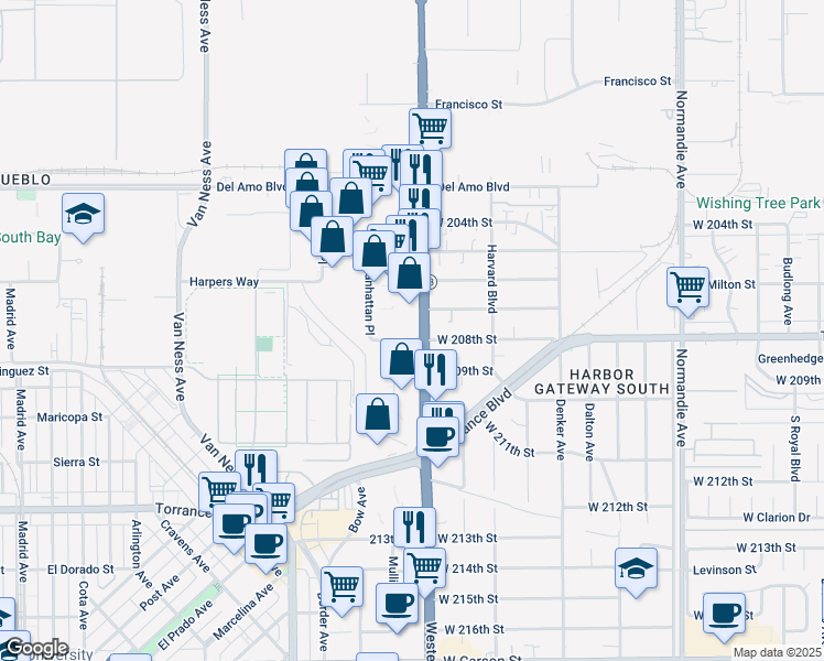 map of restaurants, bars, coffee shops, grocery stores, and more near 20775 California 213 in Torrance