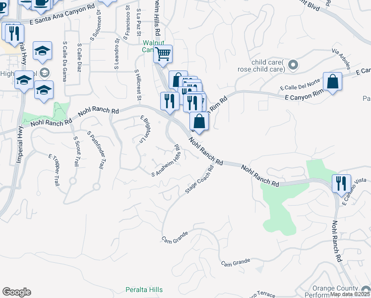 map of restaurants, bars, coffee shops, grocery stores, and more near 6103 East Morningview Drive in Anaheim