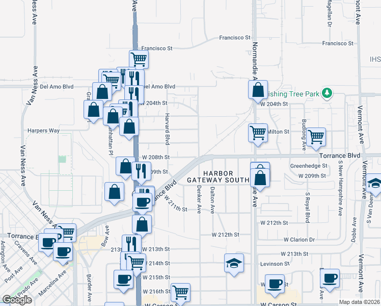 map of restaurants, bars, coffee shops, grocery stores, and more near 1519 West 208th Street in Torrance