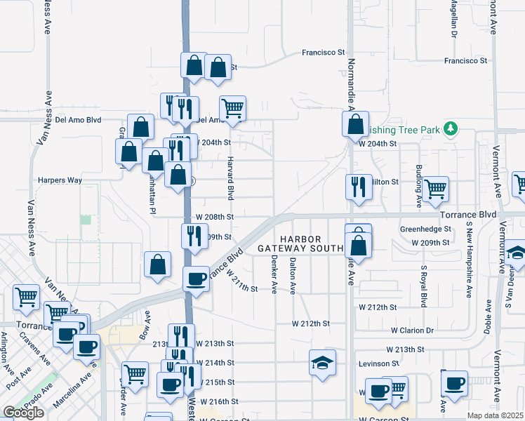 map of restaurants, bars, coffee shops, grocery stores, and more near 1519 West 208th Street in Torrance