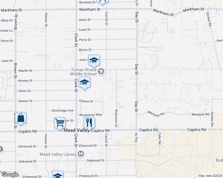map of restaurants, bars, coffee shops, grocery stores, and more near 19193 Robinson Street in Perris